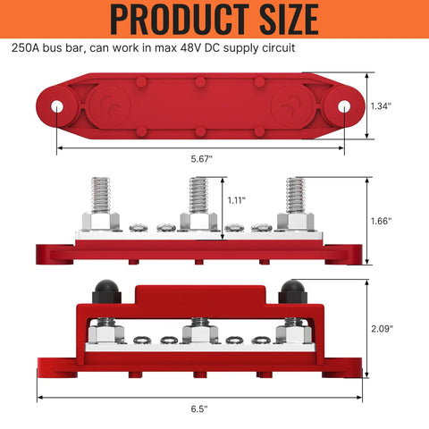 Heavy Duty 250 Amp 12V Power Distribution Block Pair Featuring Thickened Copper Plates dimensions with screw down covers and studs.