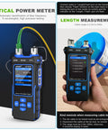 Ultimate All In One Boss Grade Network Cable Tester With Optical Power Meter For PoE Tests And QC Checks Featuring Continuity Test Cable Scan Length Measurement Port Flash VFL And NVC Functions held with cable connected