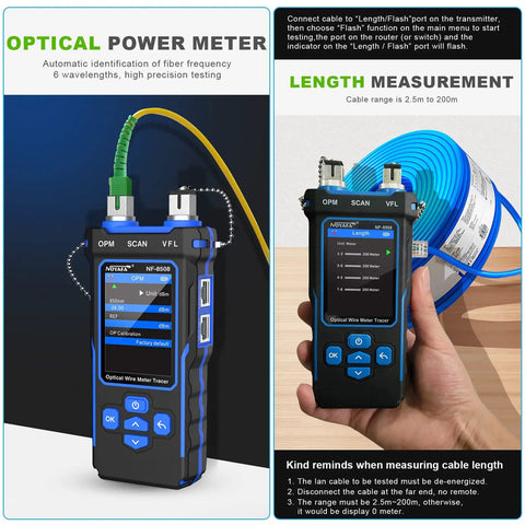 Ultimate All In One Boss Grade Network Cable Tester With Optical Power Meter For PoE Tests And QC Checks Featuring Continuity Test Cable Scan Length Measurement Port Flash VFL And NVC Functions held with cable connected