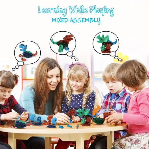Kids playing with Take Apart Dinosaur STEM Toys For Kids 3-5 With Electric Drill Educational Building Set in classroom.