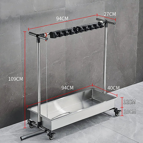 Heavy-duty stainless steel mop and broom holder tool rack with organizer storage for home, kitchen, garden, laundry, and garage.