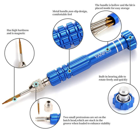 Ultra Handy Mini Precision Screwdriver Set With Magnetic Bits For Electronics And Eyeglasses, showing details and blue handle