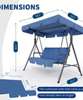 Dimensions of three-seat outdoor porch swing with adjustable canopy, removable cushions, powder-coated steel frame, sturdy stand.