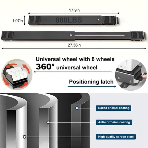 Triharyar Heavy Duty Appliance Rollers With 360 Degree Swivel Wheels And Telescopic Adjustable Legs For Moving Furniture Safely On Any Floor Surface High Capacity Support Up To Six Sixty Pounds Effortlessly showing steel base, wheels, and adjustable features.
