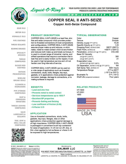 Product information sheet for High Temp Copper Anti Seize Lubricant 1800F For Spark Plugs Exhaust Manifolds Bolts And Brakes.