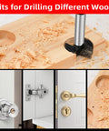 Heavy Duty 2 Pack 35mm Carbide Tipped Hinge Drill Bits For Concealed Cabinet Jigs making precise cuts in wood with shavings visible.
