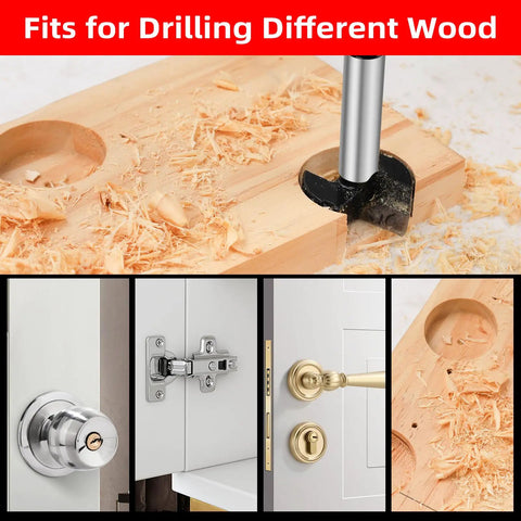 Heavy Duty 2 Pack 35mm Carbide Tipped Hinge Drill Bits For Concealed Cabinet Jigs making precise cuts in wood with shavings visible.