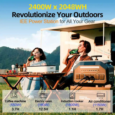 Portable Power Station 2048Wh LiFePO4 Battery Solar Generator With 2400W Continuous Output and 5000W Peak with RV setup