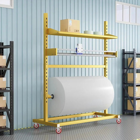 Heavy Duty Bubble Wrap Roll Dispenser With Quick Snap Cutter And Wall Mount Rack For Hassle Free Packing Moving Shipping, showcasing storage setup.