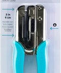 Crop-A-Dile Power Punch For One Quarter Inch Holes Scrapbooking Tool in packaging, showcasing 2-inch reach, blue handles