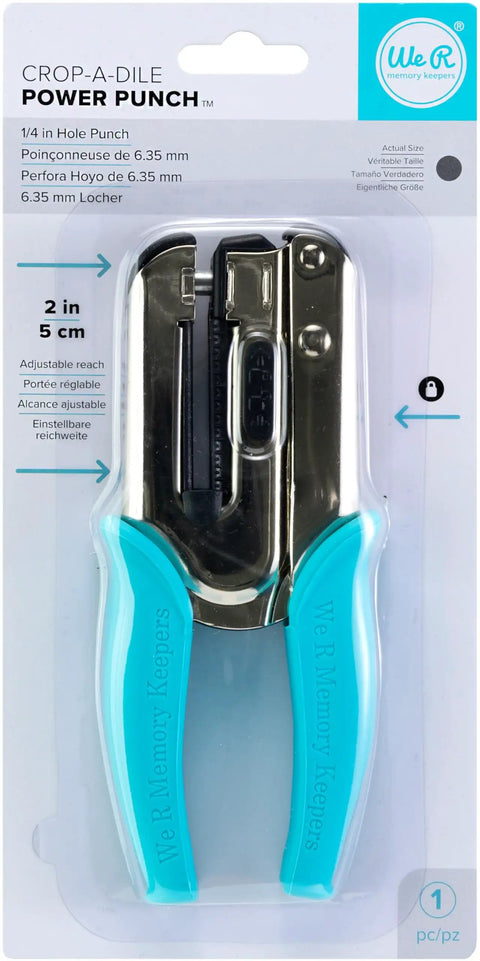 Crop-A-Dile Power Punch For One Quarter Inch Holes Scrapbooking Tool in packaging, showcasing 2-inch reach, blue handles