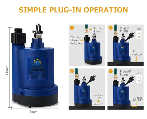 1/4 HP Submersible Water Pump Portable Thermoplastic Utility Pump for Easy Water Removal Perfect for Basements, Crawl Spaces