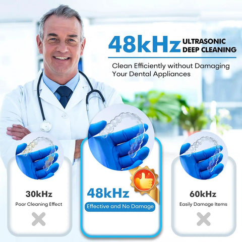 Doctor holding 48kHz Ultrasonic Retainer Cleaner For Dentures featuring deep cleaning comparison with 30kHz and 60kHz effects