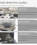 1100W Benchtop Mini Metal Lathe 8X24 Inch Electronic Variable Speed showing metric scale and accurate tailstock details.