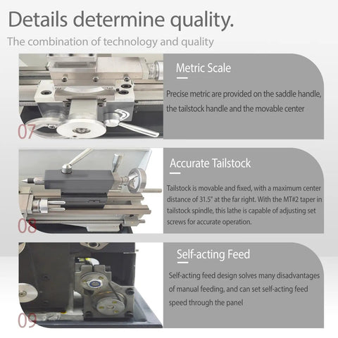 Jaryannix Metal Bench Lathe 8 by 32 Inch Mini Benchtop Engine Turner features tailstock details for precision woodworking and metal fabrication.