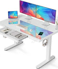 Glass Top Standing Desk With Drawers, 48x24 Inch Adjustable Sit-Stand Desk With Electric Height Lift, white office setup with devices