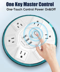 Hand pressing button on All In One Dope Surge Protector Power Strip With Smart Design 4 Feet Flat Extension Cord 6 Outlets