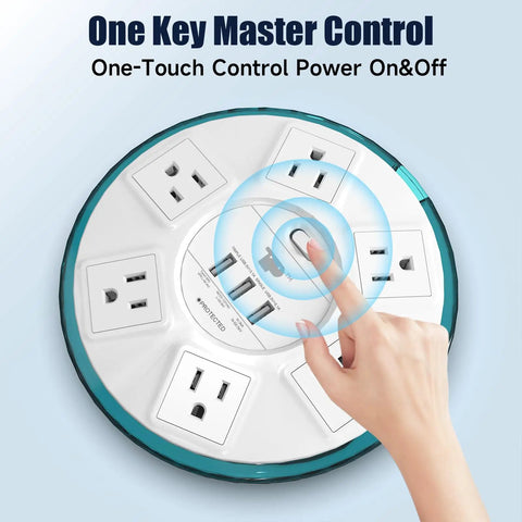 Hand pressing button on All In One Dope Surge Protector Power Strip With Smart Design 4 Feet Flat Extension Cord 6 Outlets