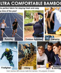 Collage of activities including running, hiking, camping, firefighting, and business, highlighting versatility of bamboo viscose fabric.