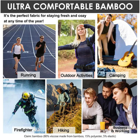 Collage of activities including running, hiking, camping, firefighting, and business, highlighting versatility of bamboo viscose fabric.
