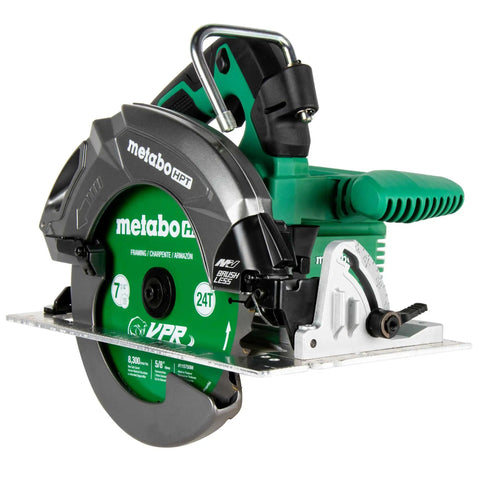 Front view of 36V MultiVolt 7-1/4 Inch Circular Saw With Torque Boost Technology, including saw blade and green handle