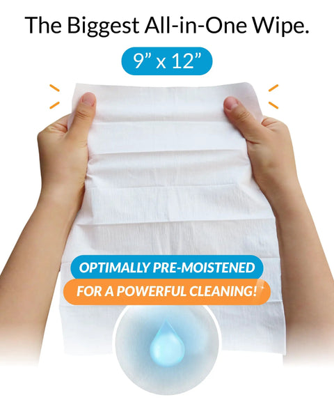Hands holding 9x12 inch XL Screen Cleaning Wipes For TVs And Monitors, Streak Free And Fast Drying, Deionized Water Formula.