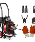 Heavy Duty 550W Drain Cleaning Machine with 100 ft steel cable and tools for sewer line clearing.