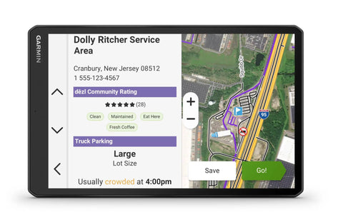 OTR1020 Renewed 10-Inch GPS Truck Navigator displaying service area and truck parking map with ratings.