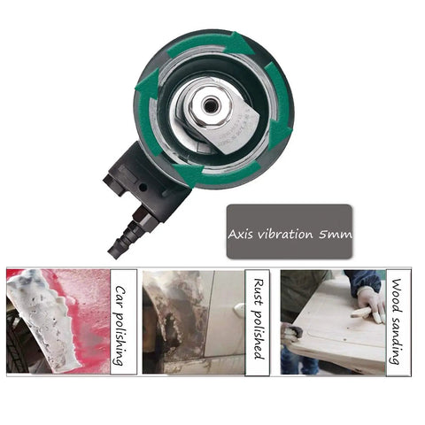 Lightweight 6 Inch Air Orbital Sander With Low Vibration And Low Center Of Gravity, shown with axis vibration detail, car polishing, rust polishing, and wood sanding.