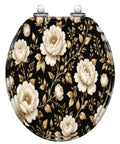 Round Peonies roses Floral vintage seamless Gold white flowers Toilet Seat with floral design on black background.