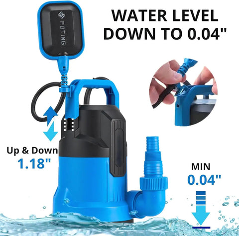 Half Horsepower Sump Pump With 4900 GPH, thermoplastic body, blue submersible utility pump with float switch, water level indicator