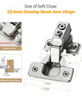10 Pack 5 Pairs Soft Close Kitchen Cabinet Hinges for Half Inch Overlay with dimensions and installation guide
