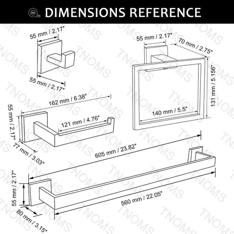 Dimensions of Five Piece Brushed Nickel Towel Bar Set For Modern Bathrooms Stainless Steel Wall Mounted 23.6 Inch Square Hardware Kit