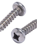 No 12 By 1 Inch Stainless Steel Pan Head Phillips Wood Screws For Sheet Metal 50 Pack showing two screws with a shiny finish.