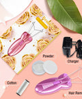 Womens Facial Hair Remover Epilator And Trimmer For Lip Cheek Arm And Ear Hairs at home shown with cotton, powder, and charger