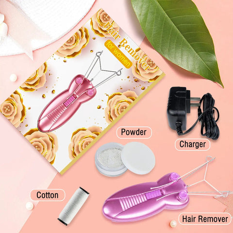 Womens Facial Hair Remover Epilator And Trimmer For Lip Cheek Arm And Ear Hairs at home shown with cotton, powder, and charger