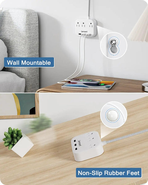 2 Prong To 3 Prong Outlet Adapter With A 6.6 Ft Braided Extension Cord, showing wall mount and non-slip feet features in home setup