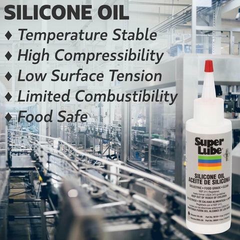 All Weather Silicone Oil For High And Low Temperature Use Clear 4oz Bottle NSF Certified Food Grade Lubricant in industrial setting