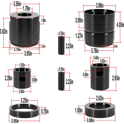 Leaf Spring Pin And Bushing Adapter Service Kit Remover And Installer Tool Set For Heavy Duty Trucks And Equipment, showing various tool dimensions.