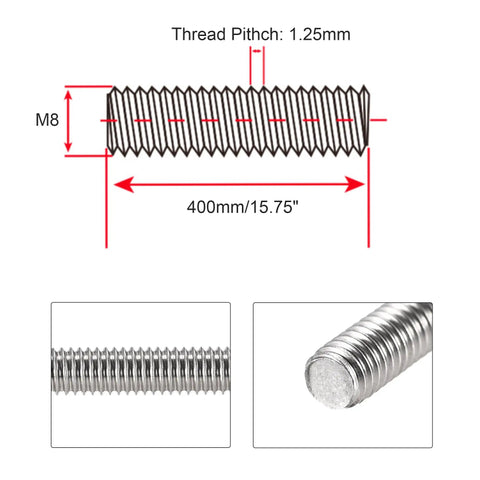 Heavy Duty M8 X 400Mm Fully Threaded Rod And 304 Stainless Steel Studs With Nuts Top Shelf Right Hand Threads Hardware close-up view of threads and measurements.