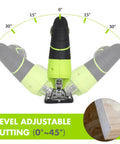 Badass 12V Cordless Jigsaw Kit With 10 Durable Alternating Teeth Blades And Precision Edge Guide showing adjustable bevel angles 0° to 45°.