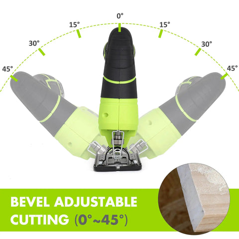 Badass 12V Cordless Jigsaw Kit With 10 Durable Alternating Teeth Blades And Precision Edge Guide showing adjustable bevel angles 0° to 45°.