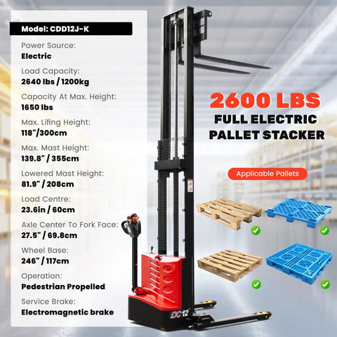 Heavy Duty Electric Pallet Stacker With 2640 Lbs Load Capacity And Adjustable Forks for effective warehouse material handling.