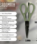 All-Purpose Kitchen Scissors With Extra Sharp Blades, Built-In Knife Sharpener And Sheath, Stainless Steel Anti-Rust Black Titanium Plated, Dishwasher Safe, Heavy Duty Shears For Poultry Meats And Everyday Cutting, Green, 9.06in