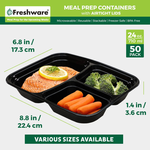 Top view of Grab And Go Meal Prep Containers 50 Pack with 3 Compartments 24 Oz Each Bento Boxes BPA Free Stackable microwave safe