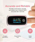 Rechargeable Pulse Oximeter With Real Time SpO2 And Pulse Rate Readouts on finger showing 98% SpO2, 78 bpm.