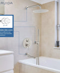 Bathroom with Do It All Three Function Shower System With Tub Spout And Ten Inch Round Rainfall Shower Head Handheld Spray Includes Rough In Valve And 360 Degree Rotating Drain Brushed Nickel Finish