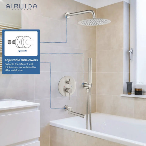 Bathroom with Do It All Three Function Shower System With Tub Spout And Ten Inch Round Rainfall Shower Head Handheld Spray Includes Rough In Valve And 360 Degree Rotating Drain Brushed Nickel Finish