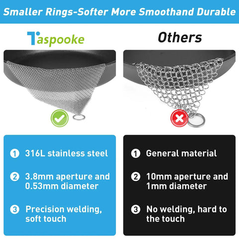 Comparison of Cast Iron Cleaner And Chainmail Skillet Scrubber, 14x14 Inch Flexible Stainless Steel Chainmail Panel with regular chainmail.