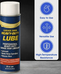 Heavy Duty Garage Door Lubricant 20 Oz can with features like easy to use and high-temperature resistance displayed on label.